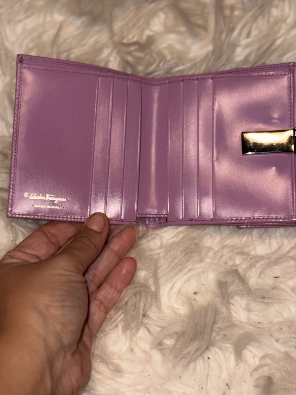 Authentic Ferragamo Gancini Metallic Lilac Compact Wallet Entrupy COA - Picture 5 of 8